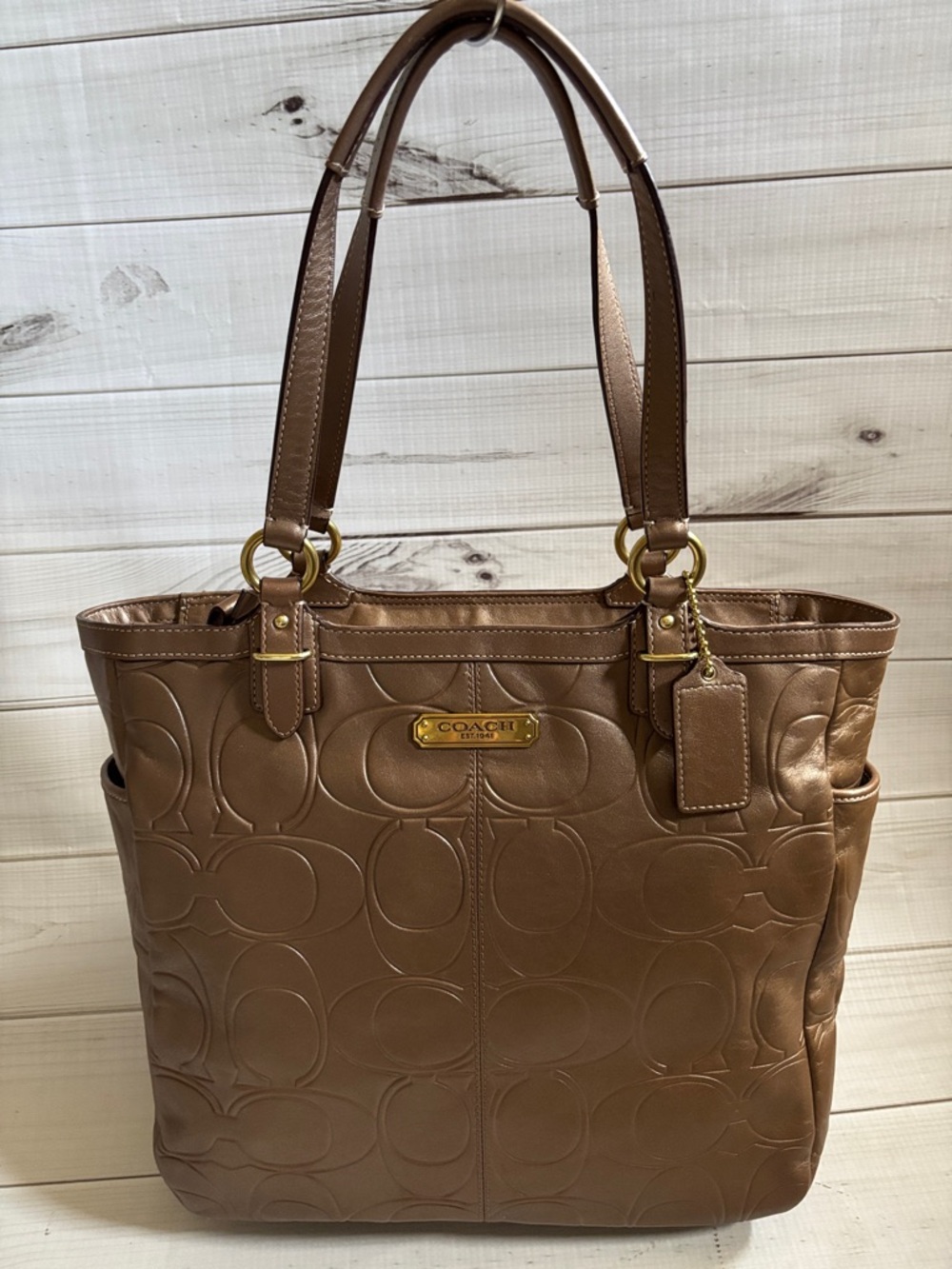 COACH Brown Leather Signature North South Tote Bag